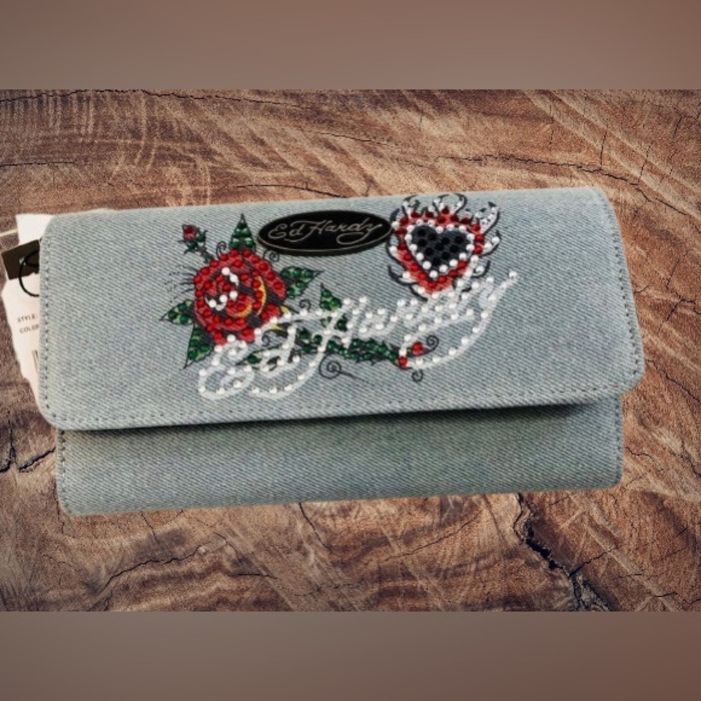 Ed Hardy Blue Denim Embroidered Floral Wallet NWT